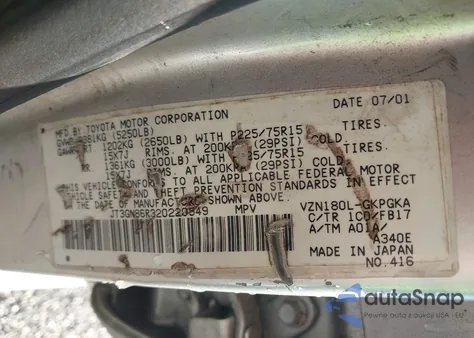 2002 Toyota 4Runner Sr5 V6 z USA, uszkodzony, nr VIN JT3GN86R320220549